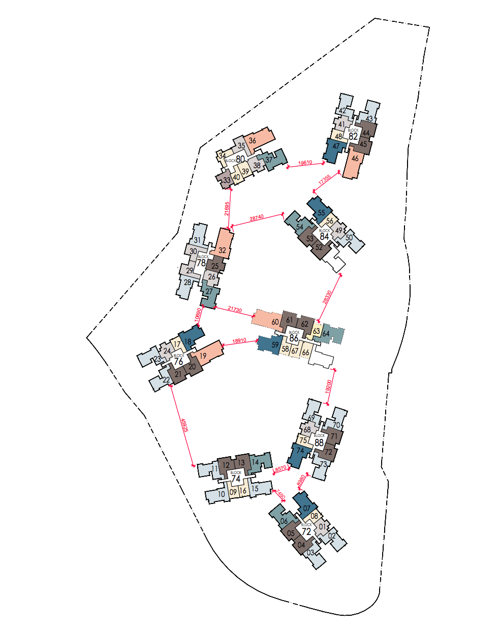 Sengkang Grand Site Plan showing Distances between blocks